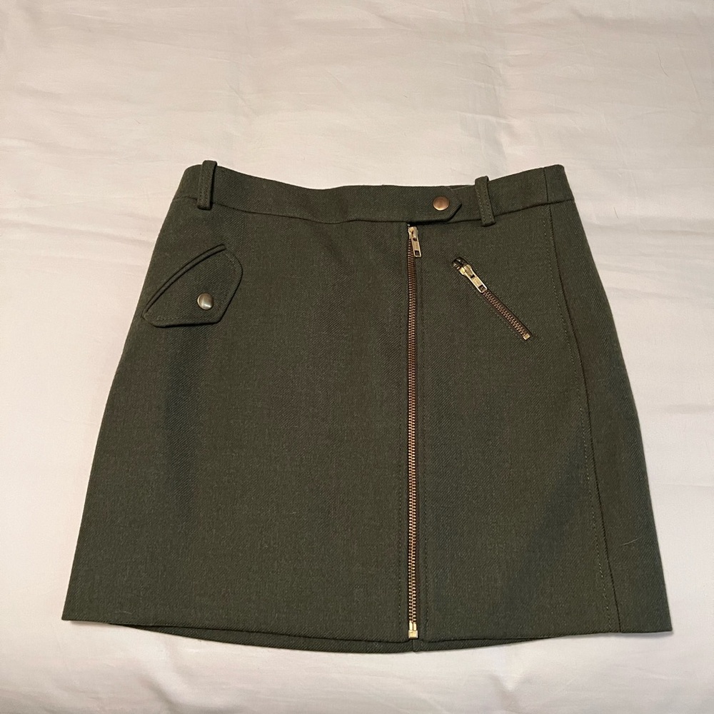 J. Crew Olive Mini Skirt with Gold Zipper